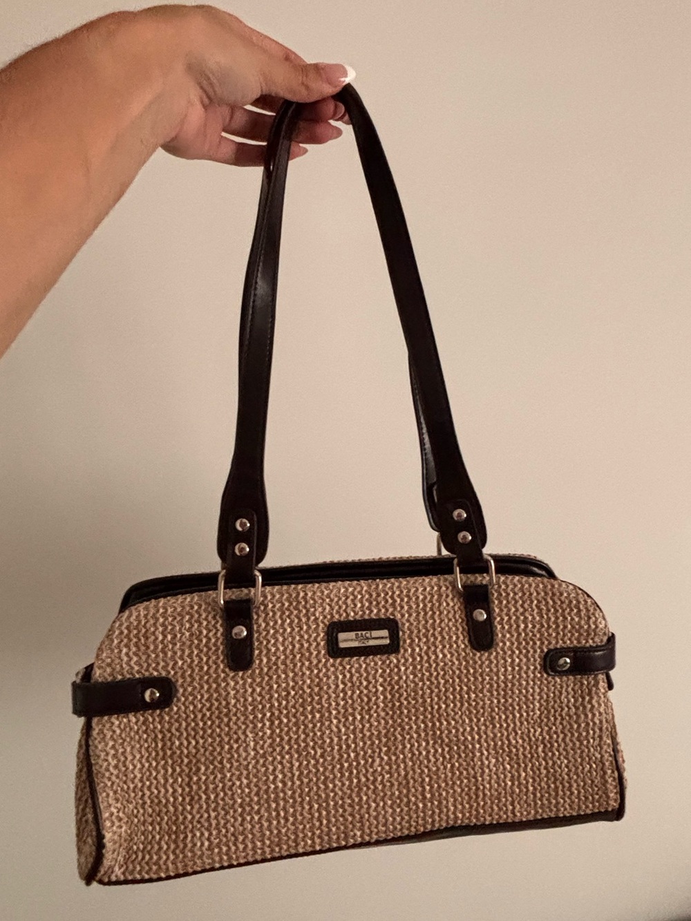 Woven Straw Shoulder Bag with Dark Brown Trim